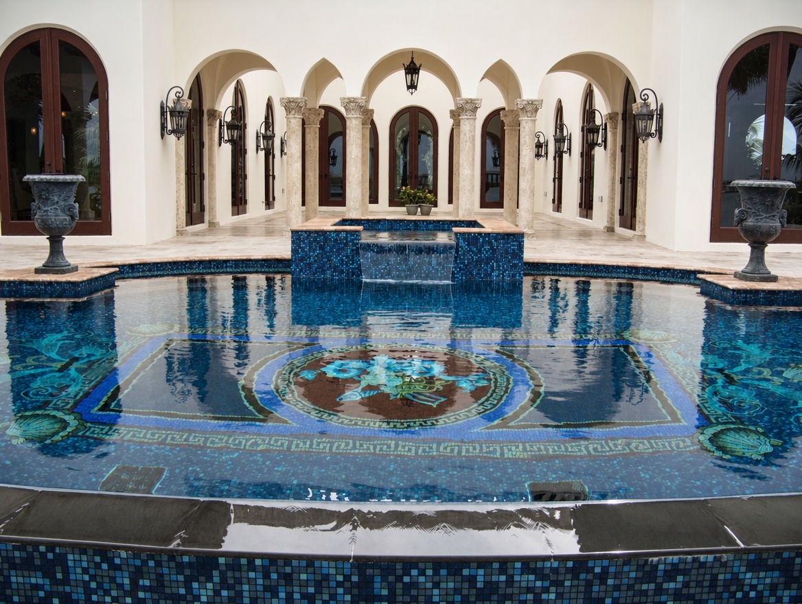 Mosaic pool beneath an arched loggia
