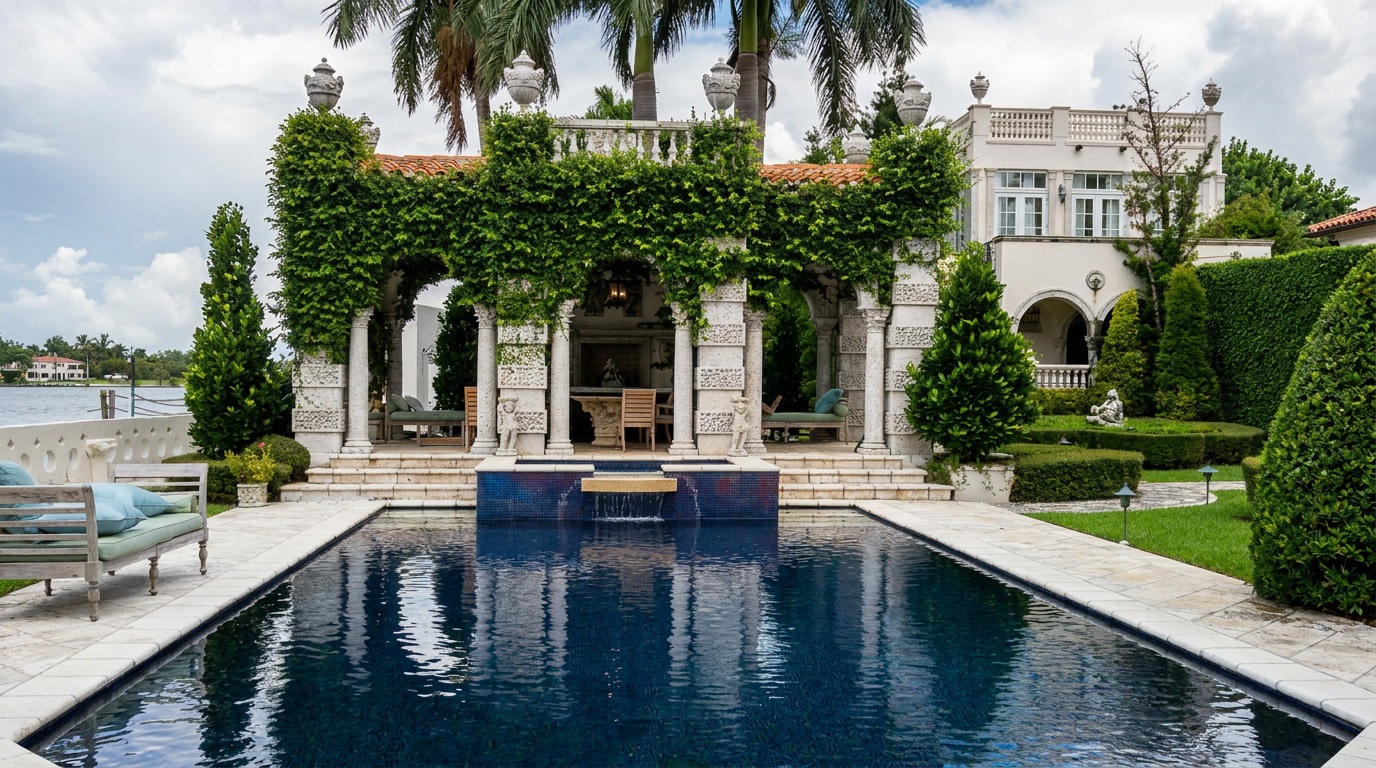Columned loggia and pool at a completed waterfront residence