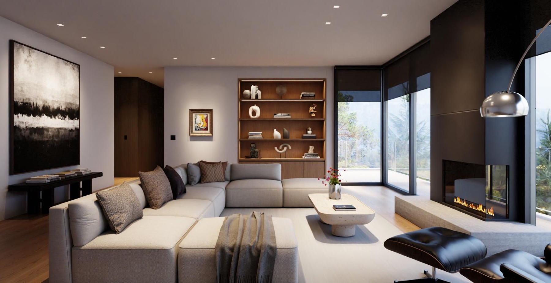 Living room lit by recessed and accent lighting