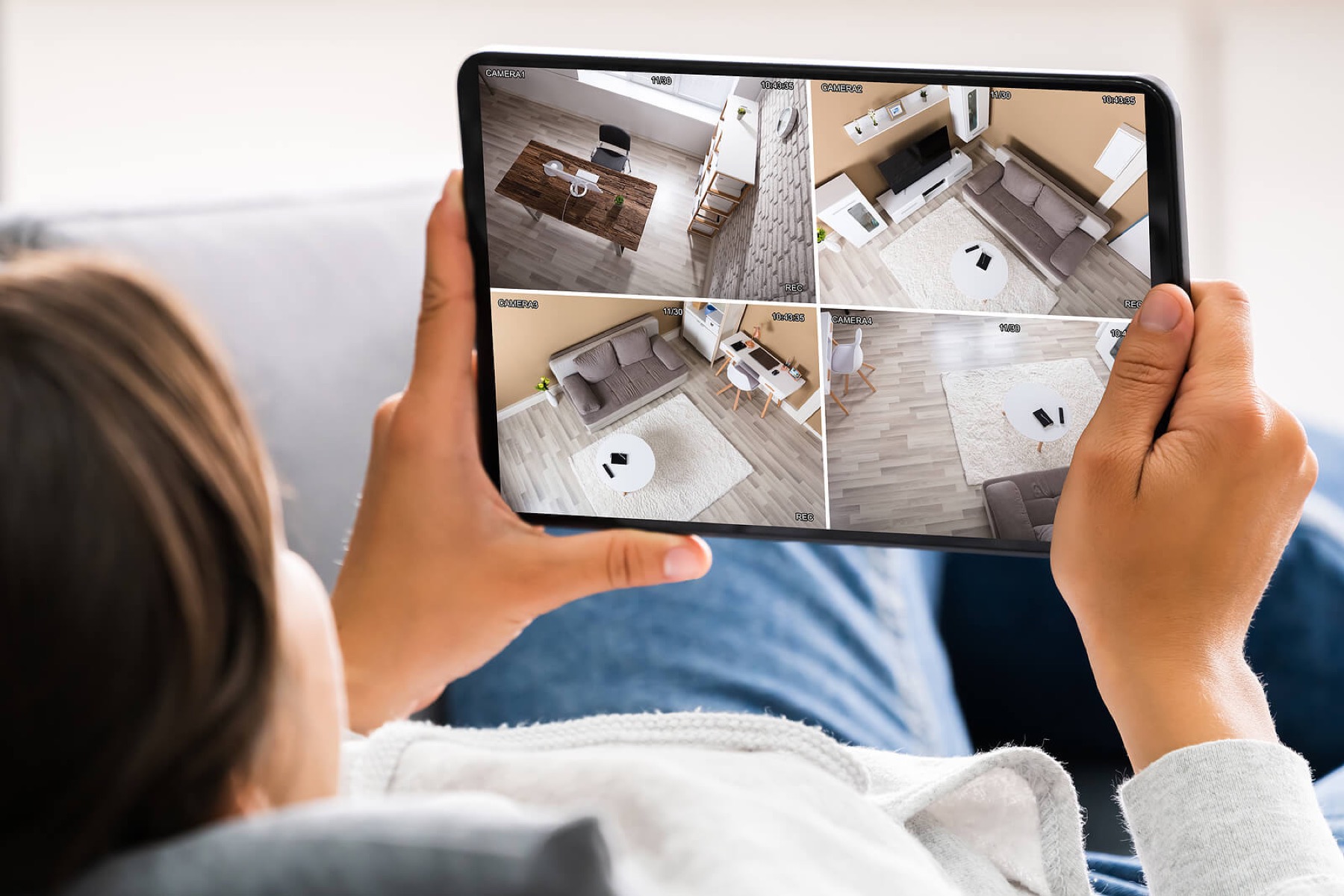 Camera feeds from around the house on a tablet